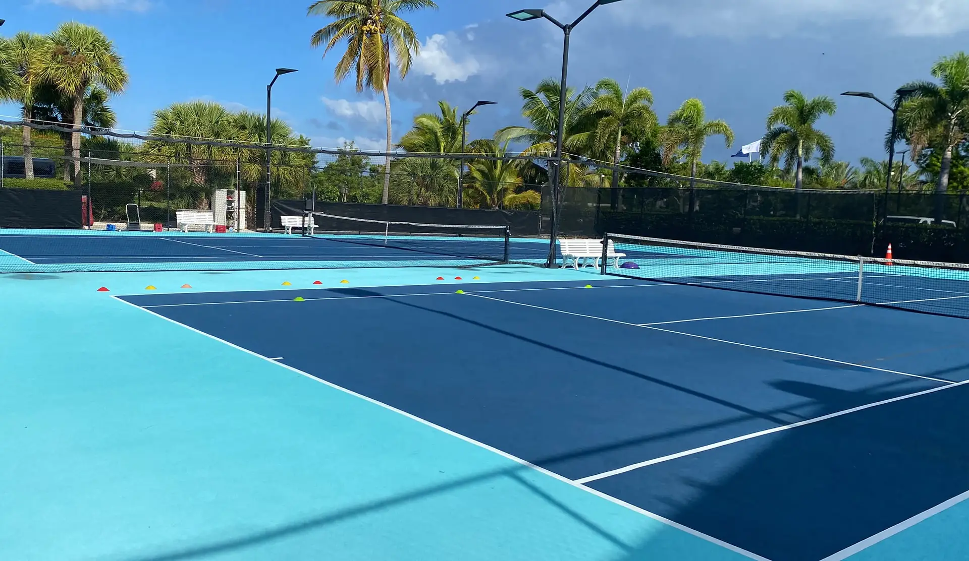 Lit hard courts lined with palm trees at the Royal Turks and Caicos Golf Club, Providenciales